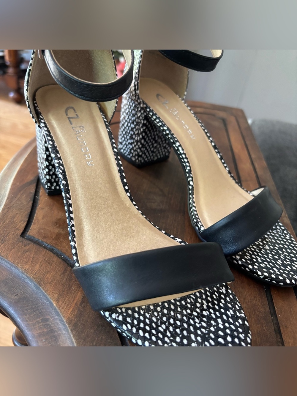 CL by Laundry Black and White Textured Block Heel Sandals